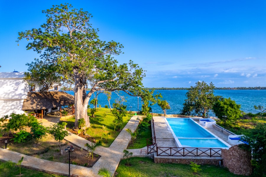 Daytime aerial view of Kasa Pomboo's pool, baobab tree and the Wasini Channel
